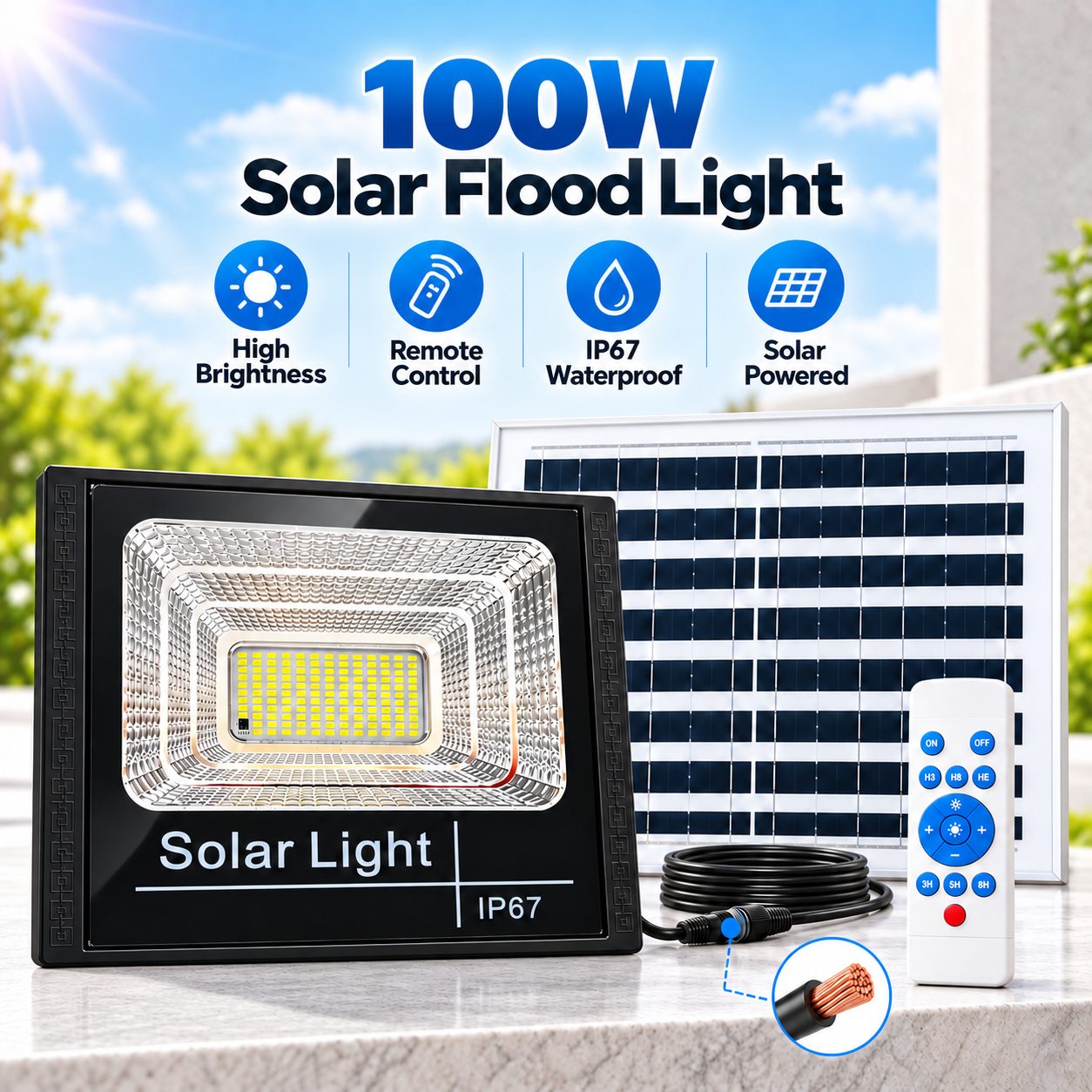 SL-67 100W Solar Flood Light with 3500mAh 32650 Lithium Battery – IP67 Waterproof