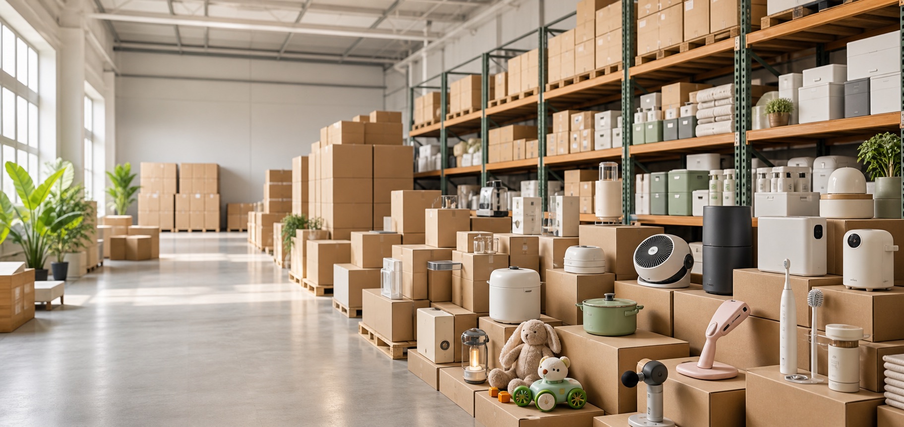 Organized wholesale warehouse with ready-to-ship merchandise